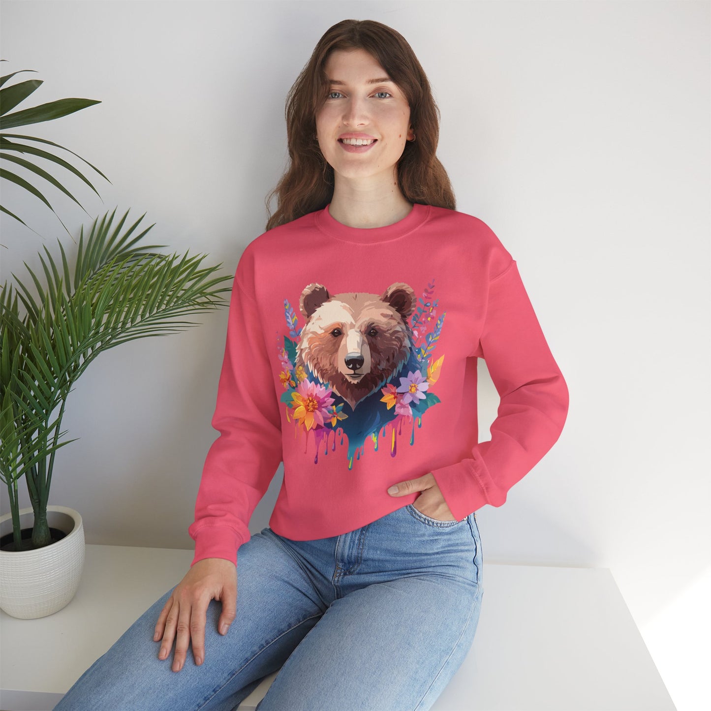 Unisex Floral Bear Sweatshirt, Animals Sweatshirt, Floral Sweatshirt, Art Design Sweatshirt