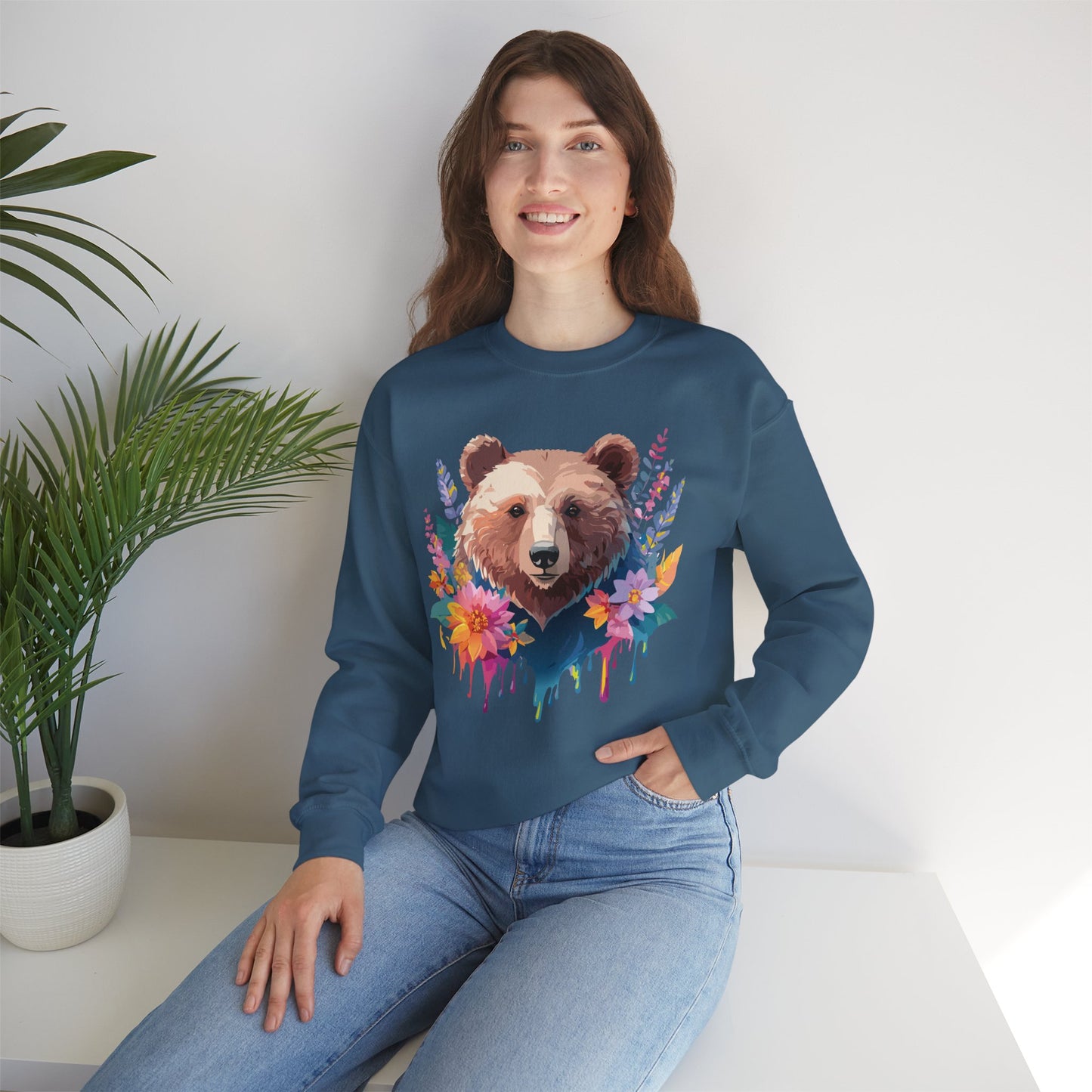 Unisex Floral Bear Sweatshirt, Animals Sweatshirt, Floral Sweatshirt, Art Design Sweatshirt
