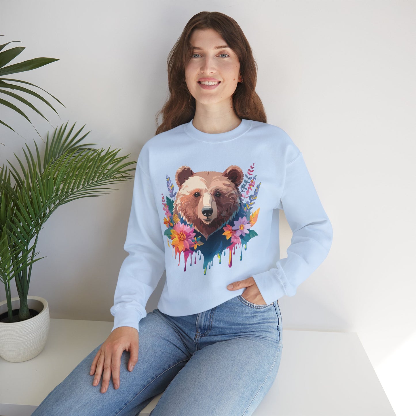 Unisex Floral Bear Sweatshirt, Animals Sweatshirt, Floral Sweatshirt, Art Design Sweatshirt