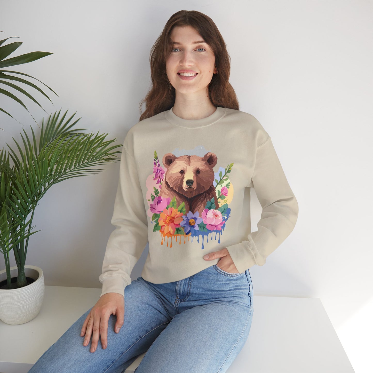 Unisex Floral Bear Sweatshirt, Animals Sweatshirt, Floral Sweatshirt, Art Design Sweatshirt