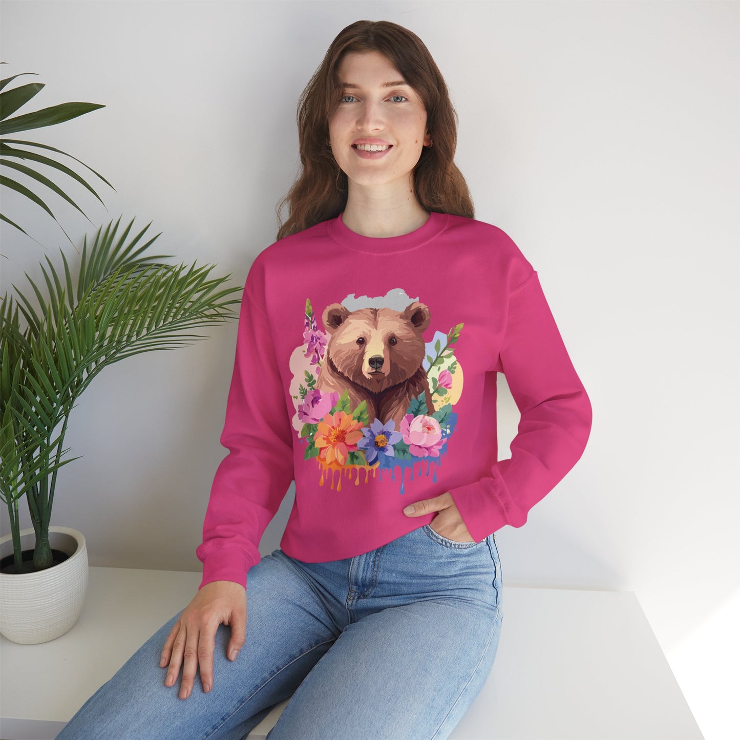 Unisex Floral Bear Sweatshirt, Animals Sweatshirt, Floral Sweatshirt, Art Design Sweatshirt