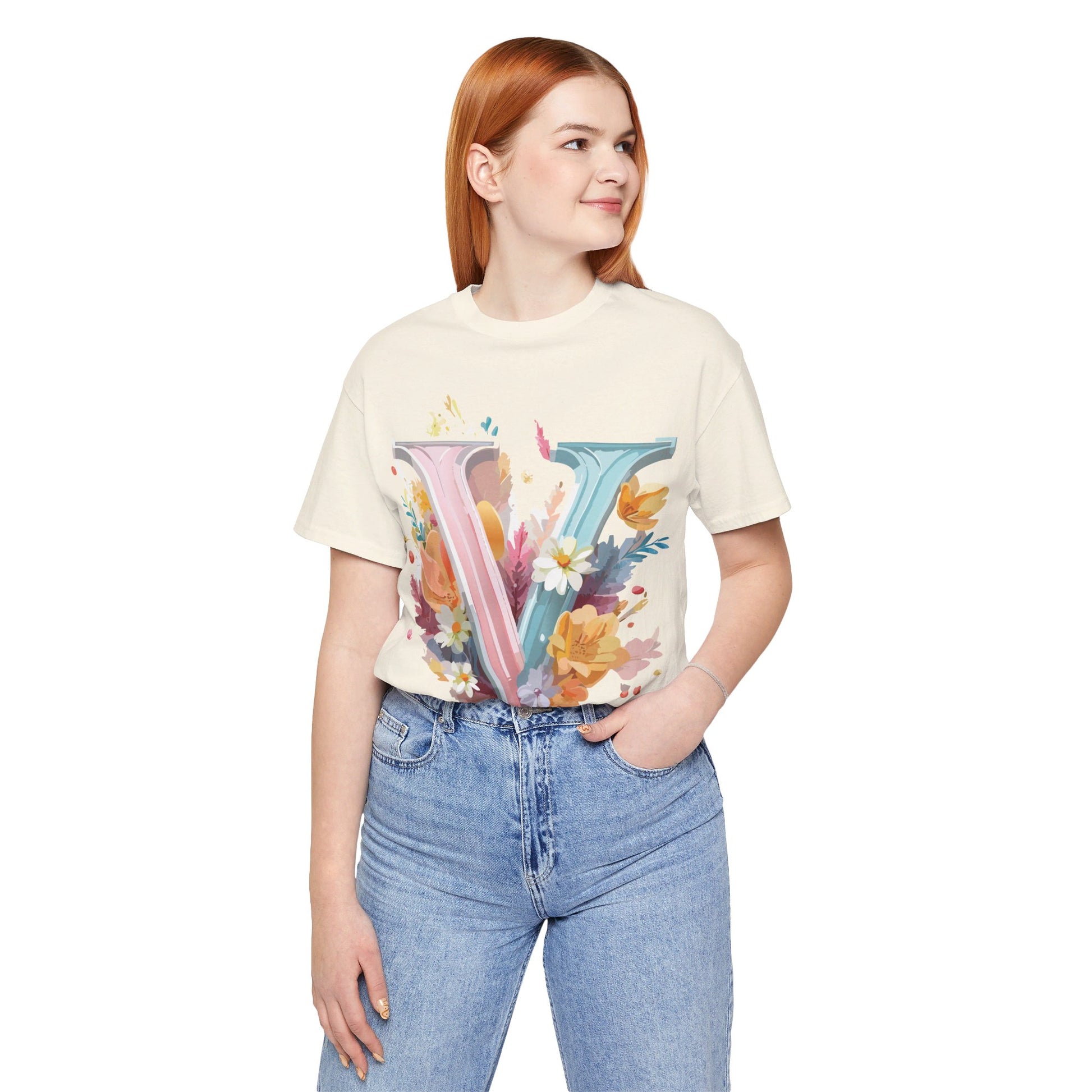 Natural Cotton Tee Shirt - Letters Collection - V Printify