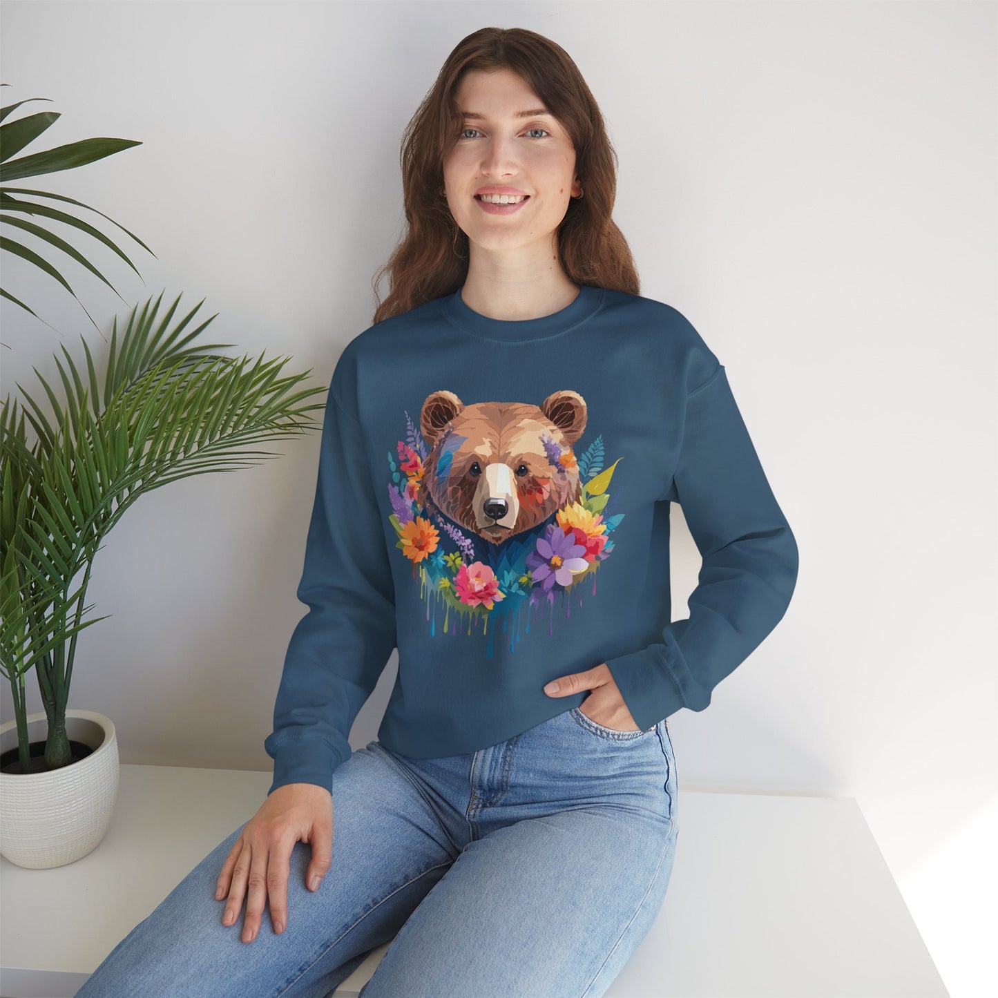 Unisex Floral Bear Sweatshirt, Animals Sweatshirt, Floral Sweatshirt, Art Design Sweatshirt