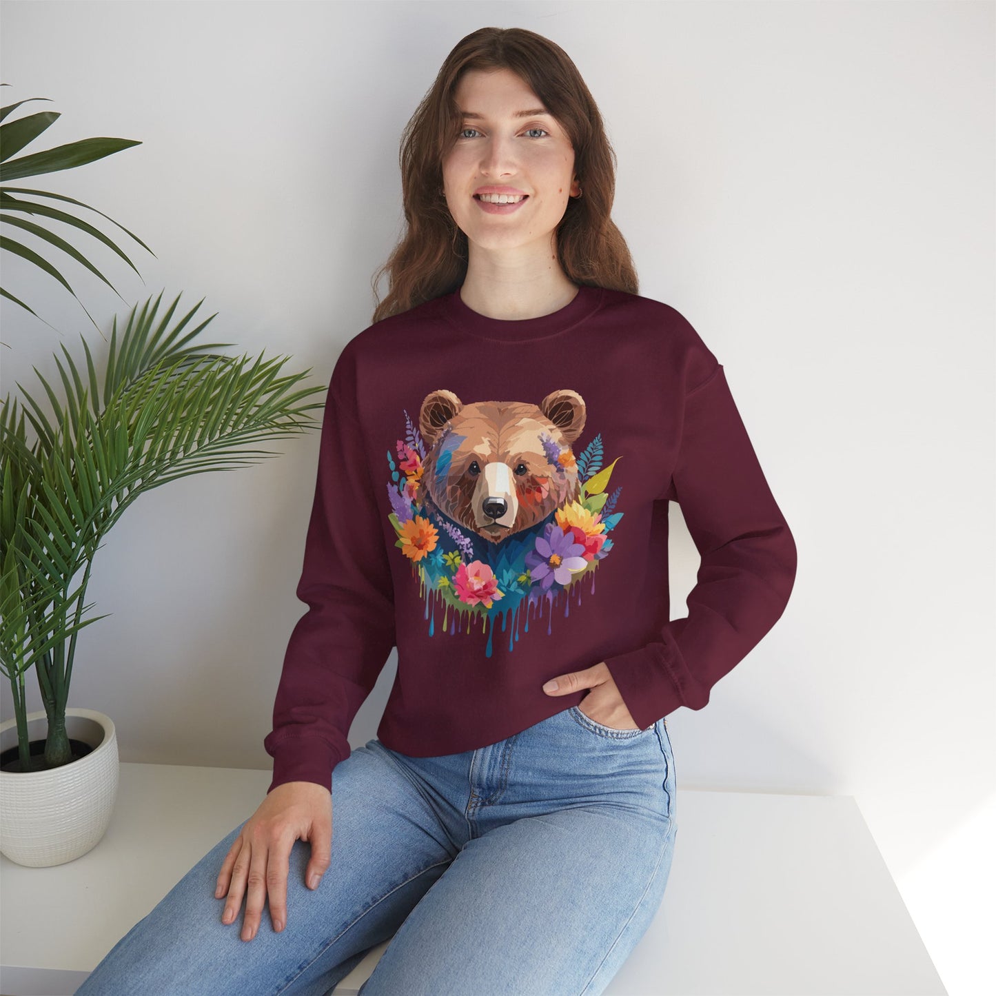 Unisex Floral Bear Sweatshirt, Animals Sweatshirt, Floral Sweatshirt, Art Design Sweatshirt