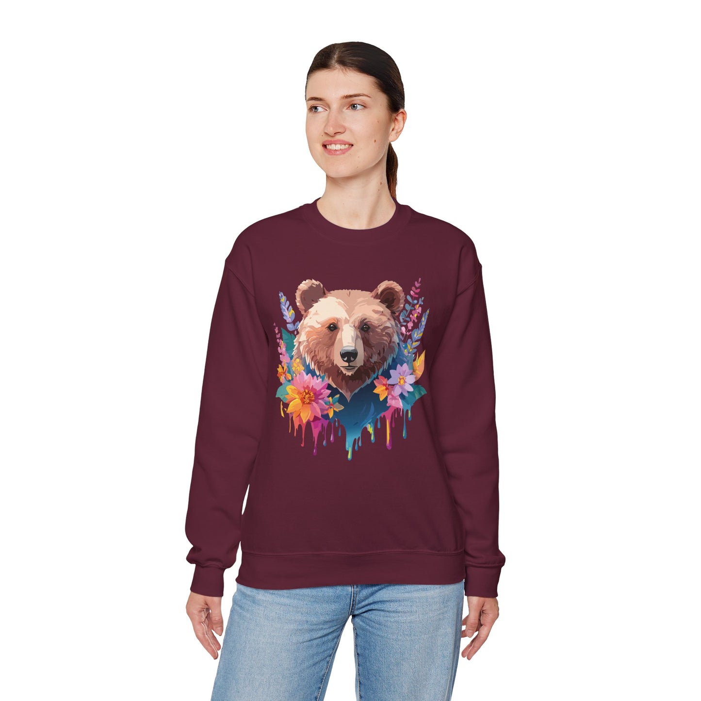 Unisex Floral Bear Sweatshirt, Animals Sweatshirt, Floral Sweatshirt, Art Design Sweatshirt