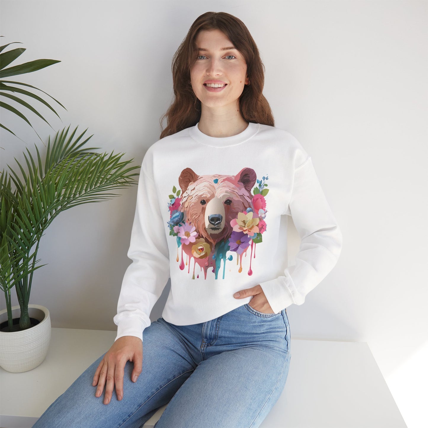 Unisex Floral Bear Sweatshirt, Animals Sweatshirt, Floral Sweatshirt, Art Design Sweatshirt
