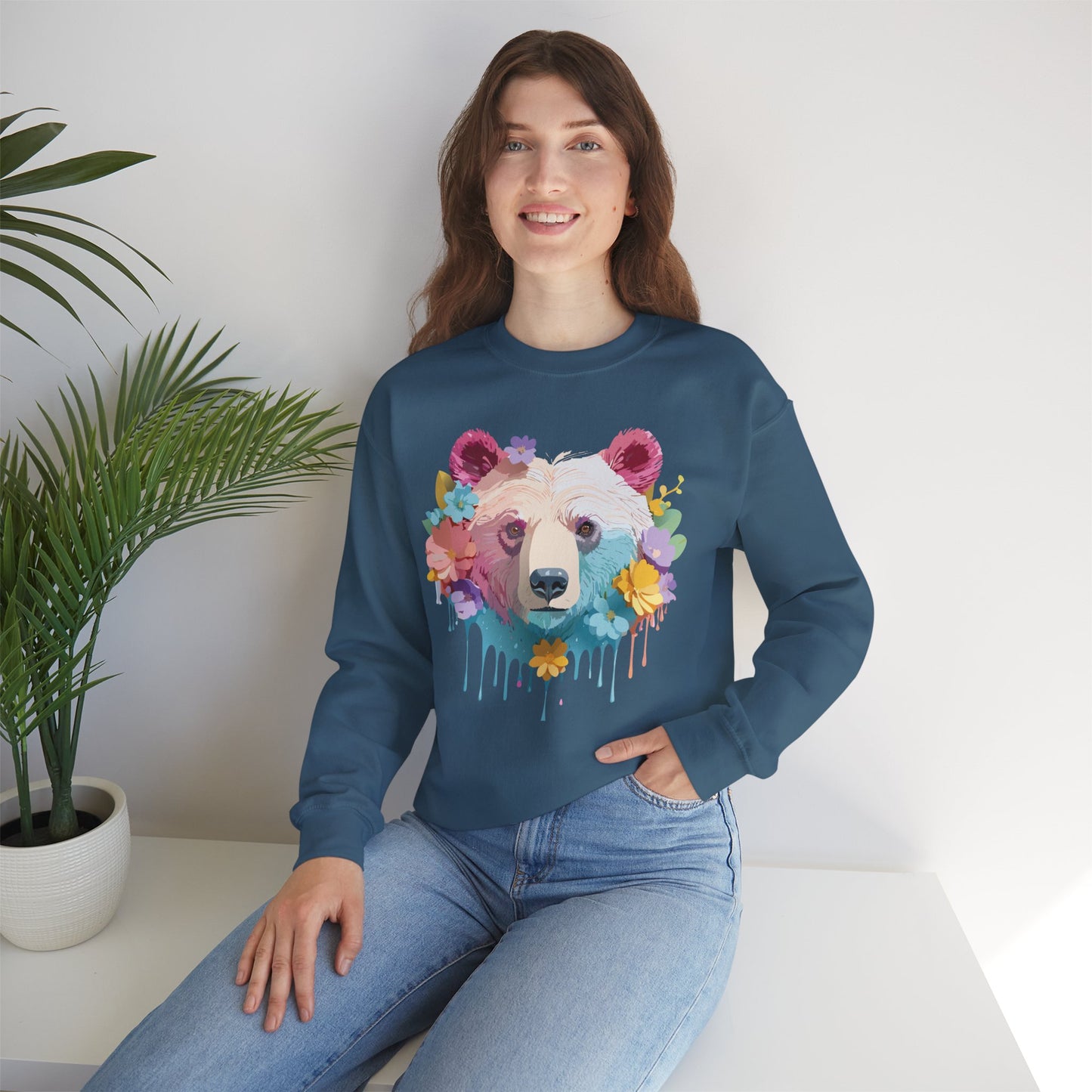 Unisex Floral Bear Sweatshirt, Animals Sweatshirt, Floral Sweatshirt, Art Design Sweatshirt