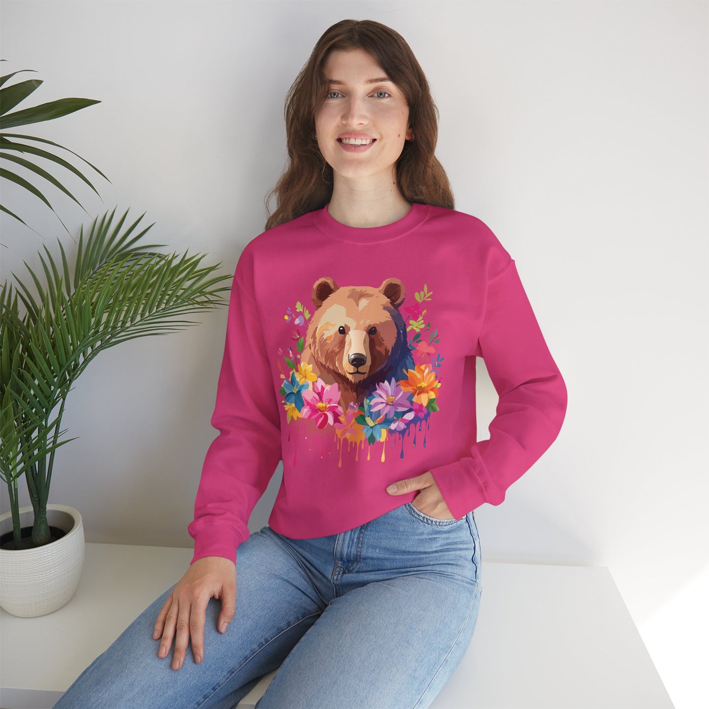 Unisex Floral Bear Sweatshirt, Animals Sweatshirt, Floral Sweatshirt, Art Design Sweatshirt