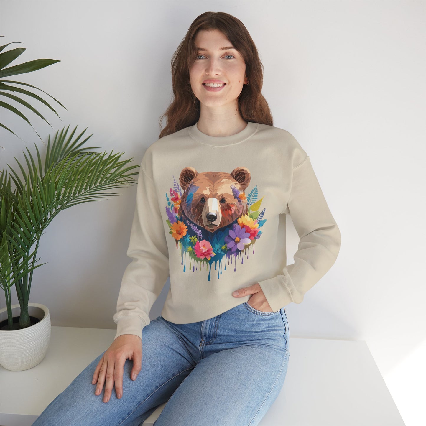 Unisex Floral Bear Sweatshirt, Animals Sweatshirt, Floral Sweatshirt, Art Design Sweatshirt