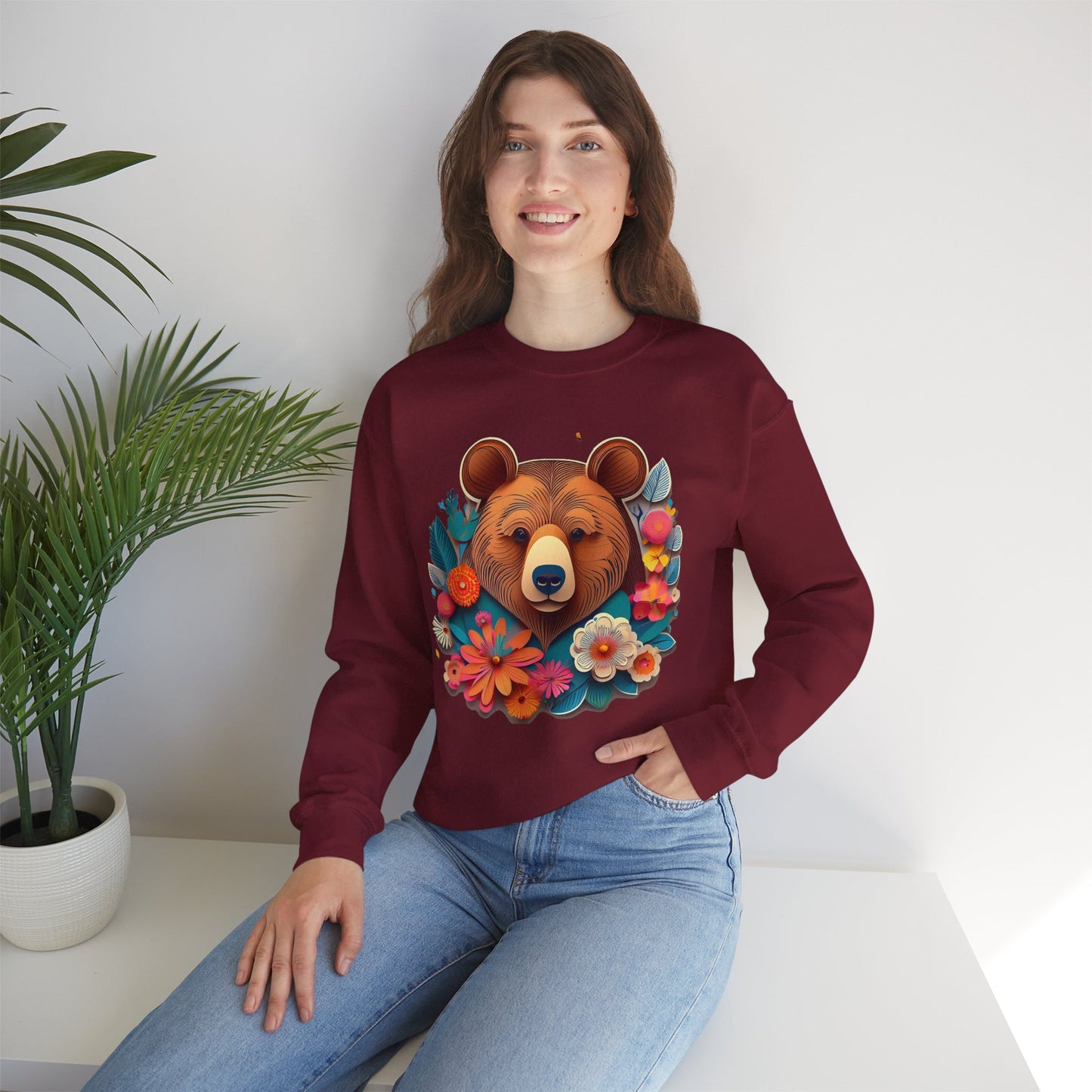 Unisex Floral Bear Sweatshirt, Animals Sweatshirt, Floral Sweatshirt, Art Design Sweatshirt