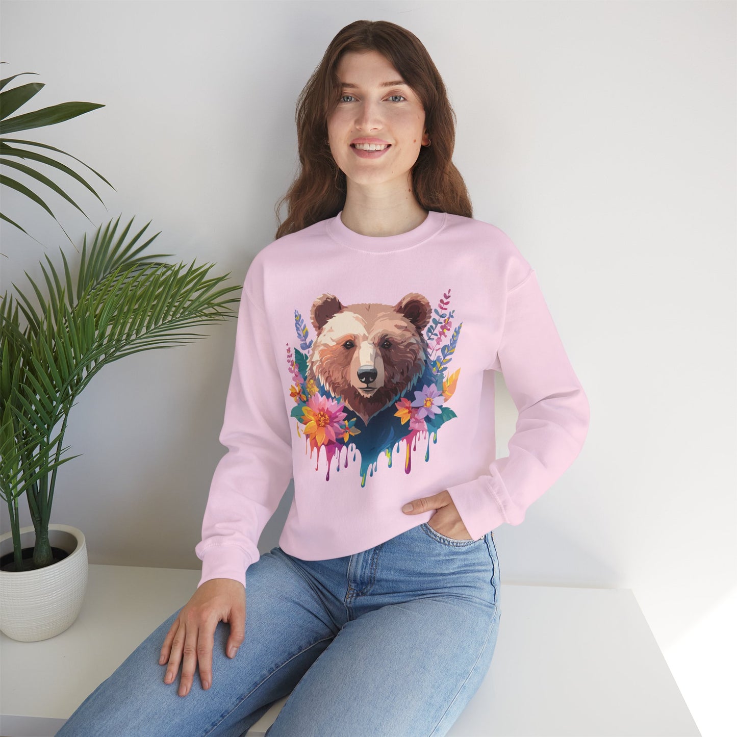 Unisex Floral Bear Sweatshirt, Animals Sweatshirt, Floral Sweatshirt, Art Design Sweatshirt