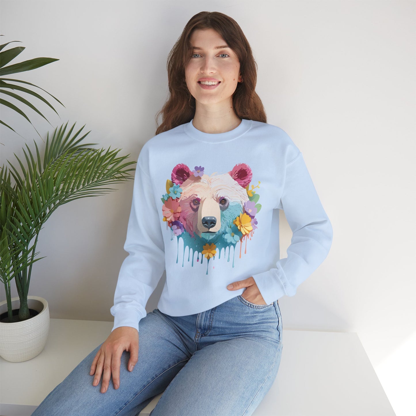 Unisex Floral Bear Sweatshirt, Animals Sweatshirt, Floral Sweatshirt, Art Design Sweatshirt