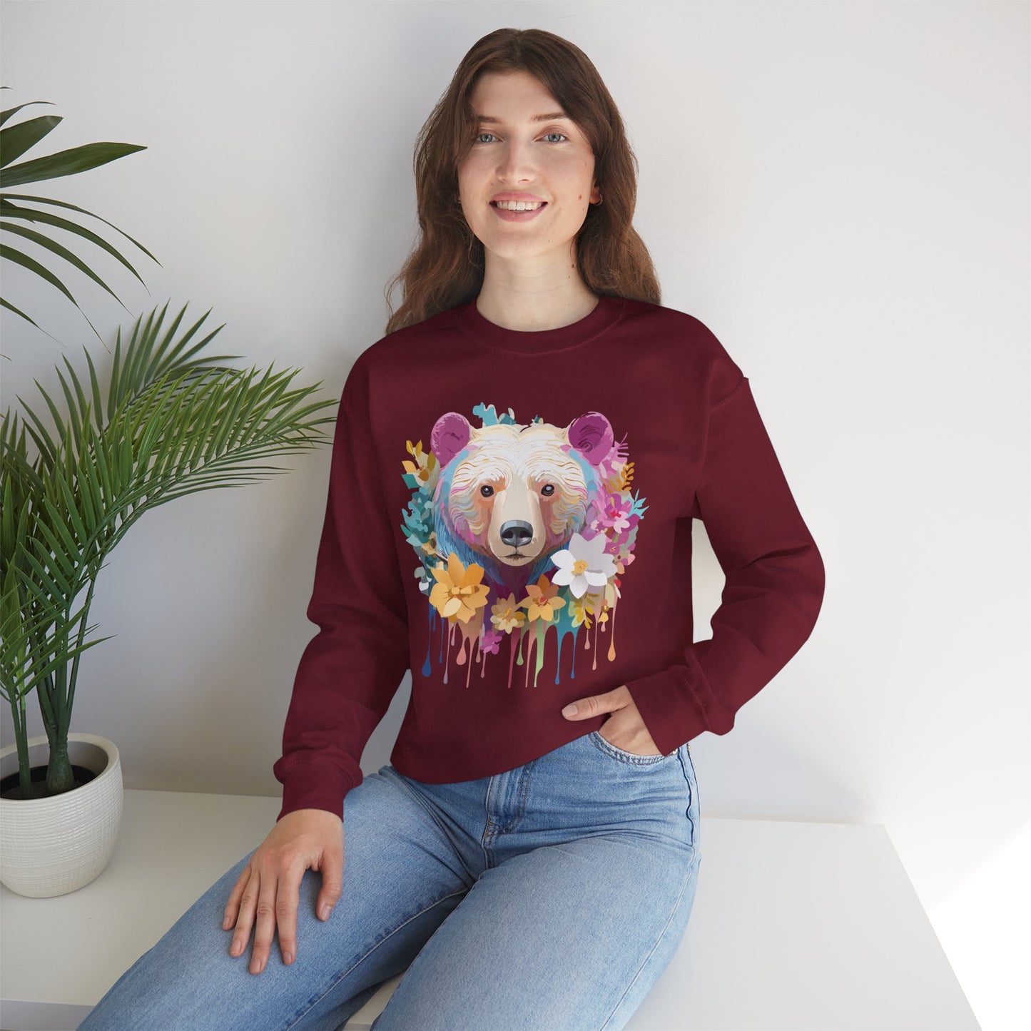 Unisex Floral Bear Sweatshirt, Animals Sweatshirt, Floral Sweatshirt, Art Design Sweatshirt