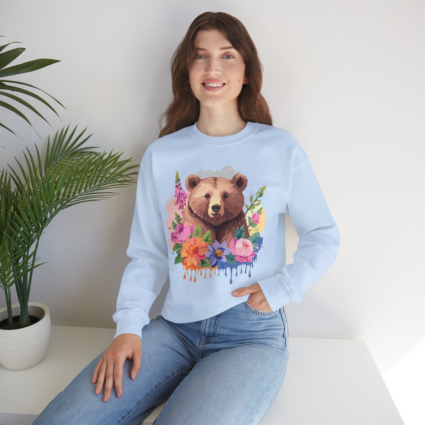 Unisex Floral Bear Sweatshirt, Animals Sweatshirt, Floral Sweatshirt, Art Design Sweatshirt