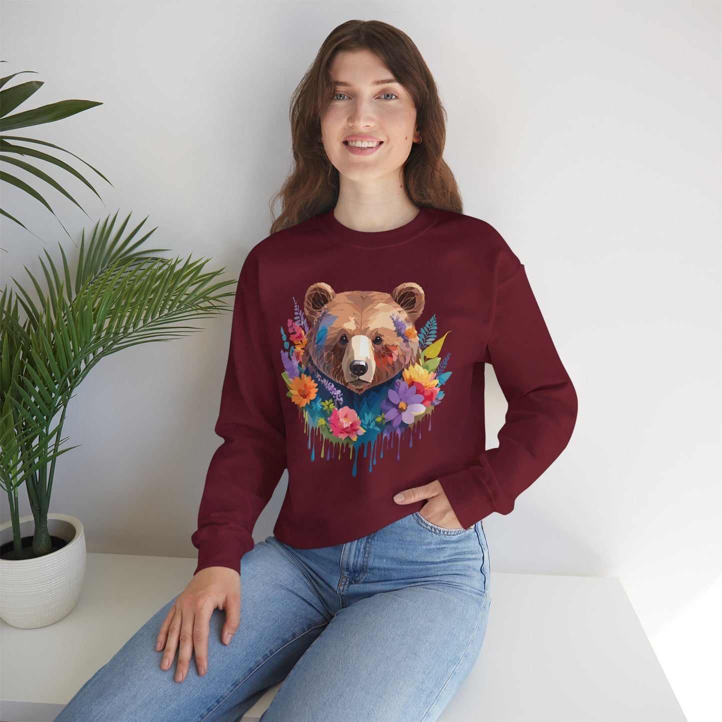 Unisex Floral Bear Sweatshirt, Animals Sweatshirt, Floral Sweatshirt, Art Design Sweatshirt