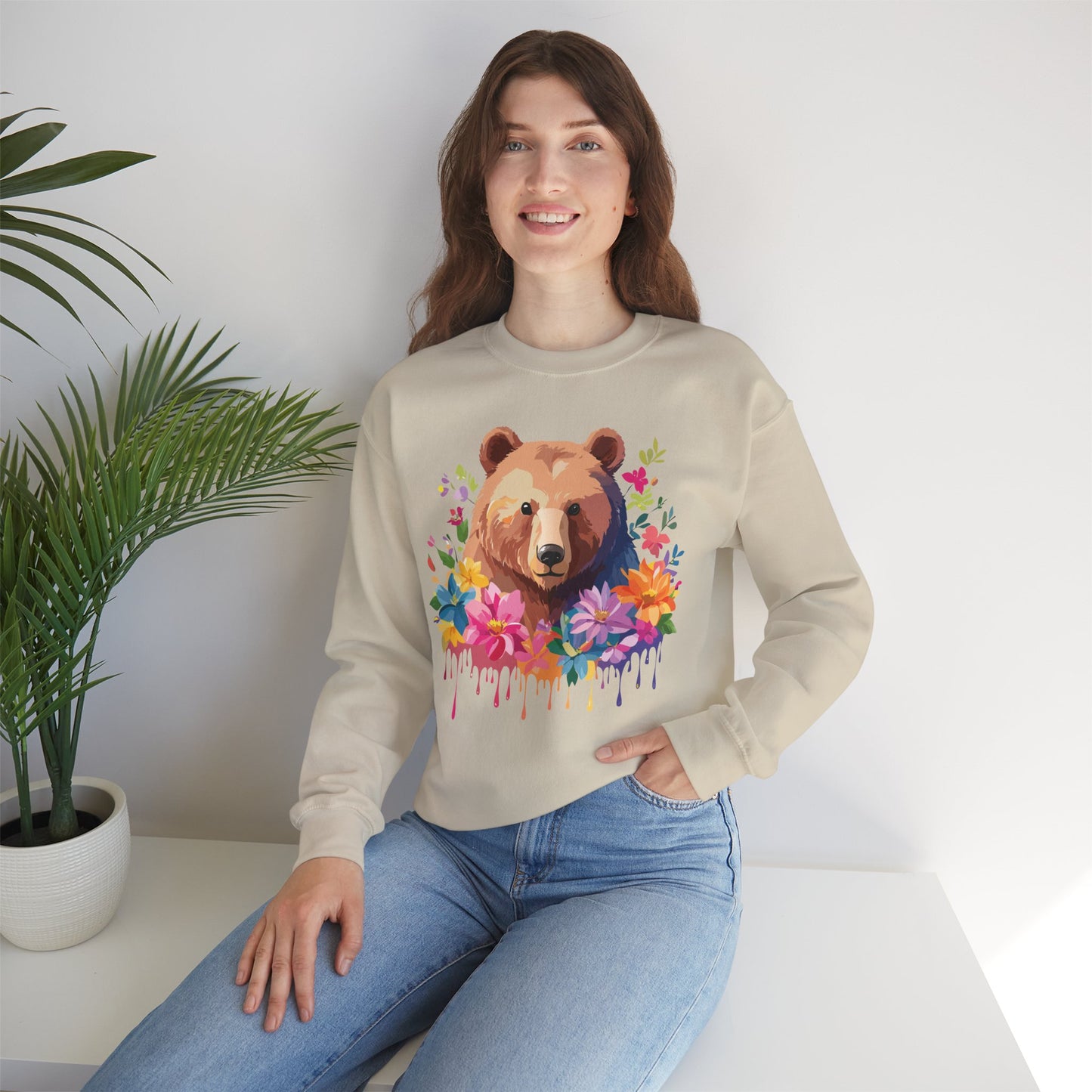 Unisex Floral Bear Sweatshirt, Animals Sweatshirt, Floral Sweatshirt, Art Design Sweatshirt