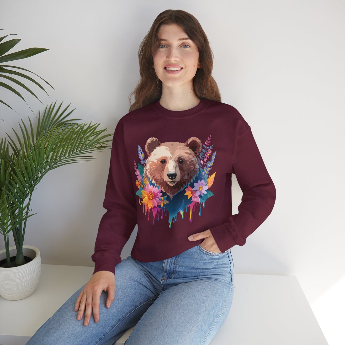 Unisex Floral Bear Sweatshirt, Animals Sweatshirt, Floral Sweatshirt, Art Design Sweatshirt