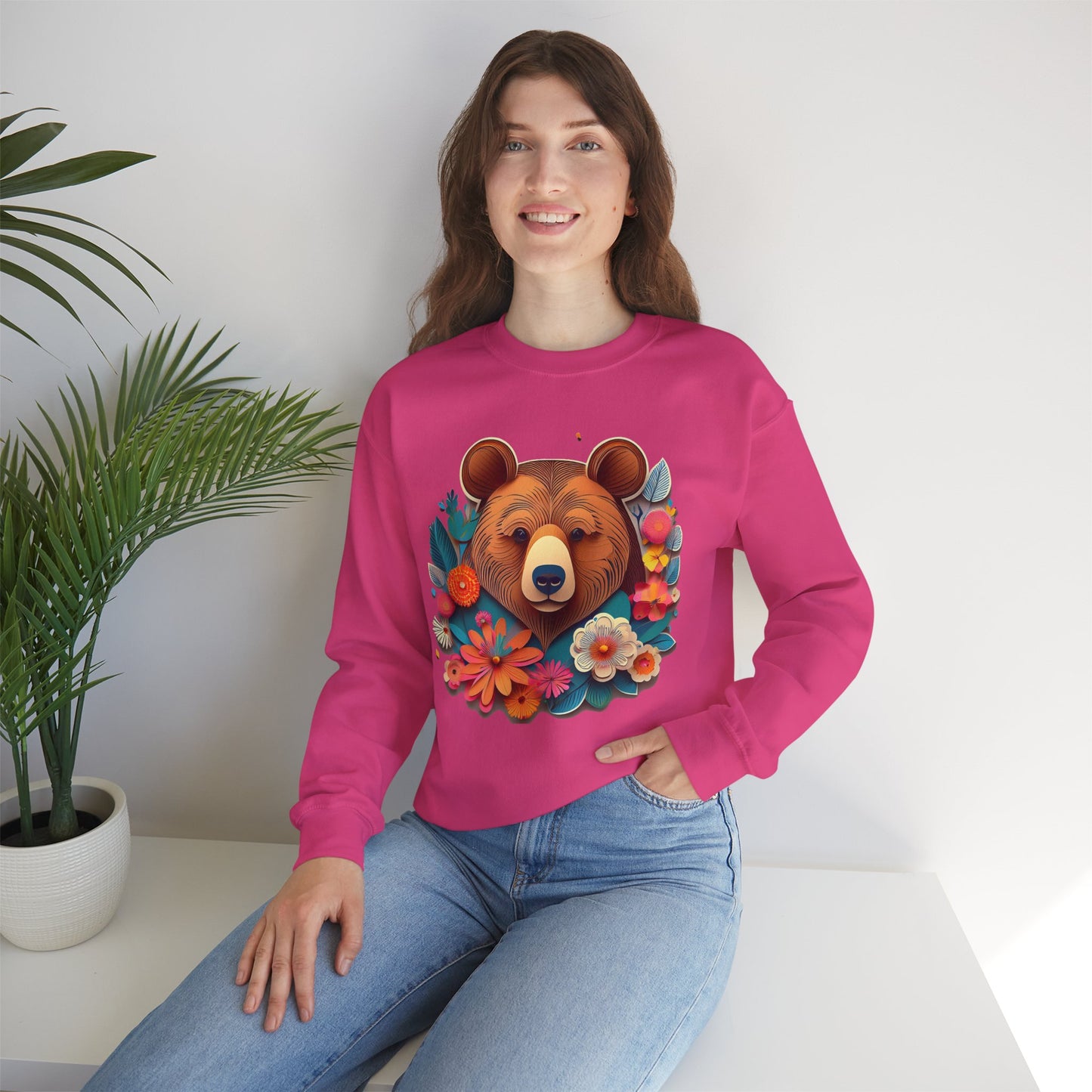 Unisex Floral Bear Sweatshirt, Animals Sweatshirt, Floral Sweatshirt, Art Design Sweatshirt