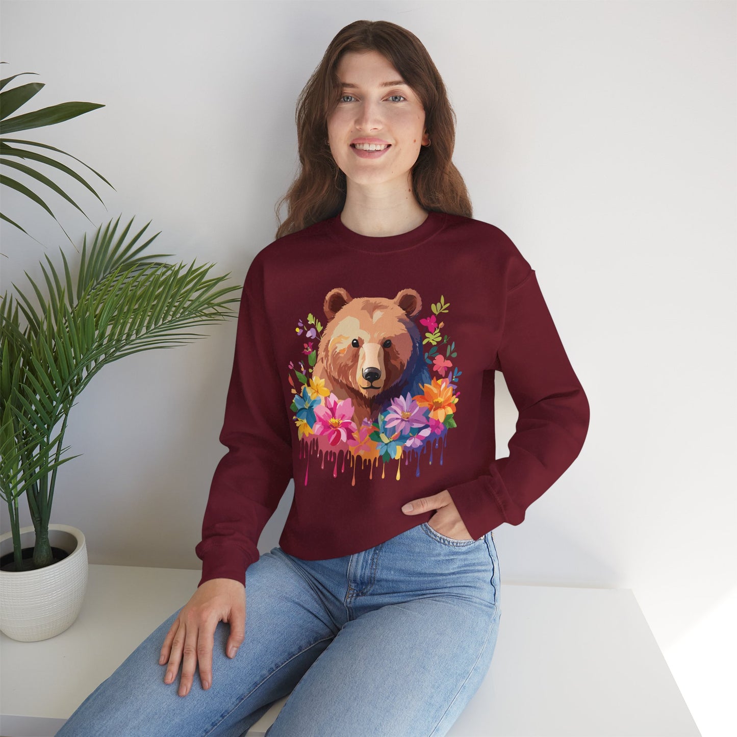 Unisex Floral Bear Sweatshirt, Animals Sweatshirt, Floral Sweatshirt, Art Design Sweatshirt