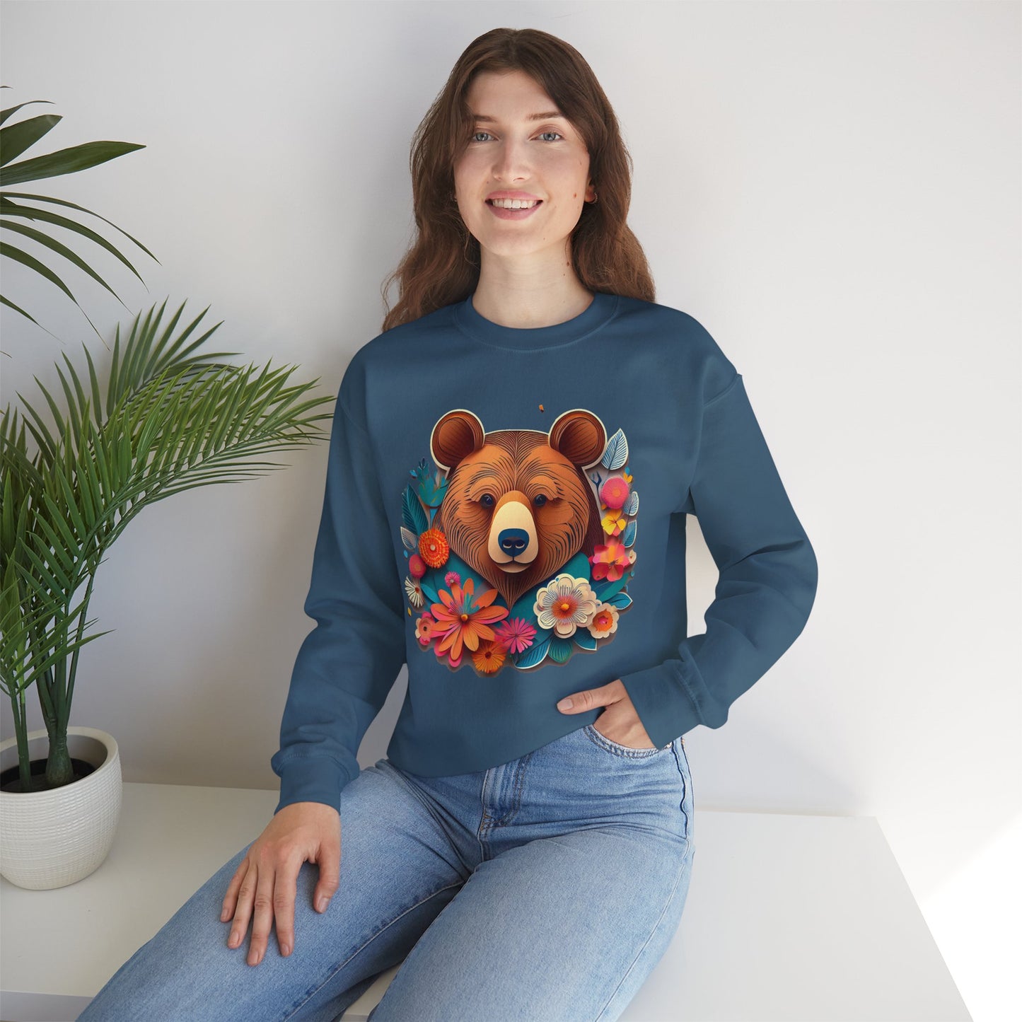 Unisex Floral Bear Sweatshirt, Animals Sweatshirt, Floral Sweatshirt, Art Design Sweatshirt