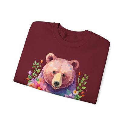 Unisex Floral Bear Sweatshirt Art Design Animals Sweatshirt Cozy Cotton Blend