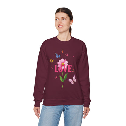 Unisex Floral Love Sweatshirt Valentines Day Cotton Poly Blend Butterfly