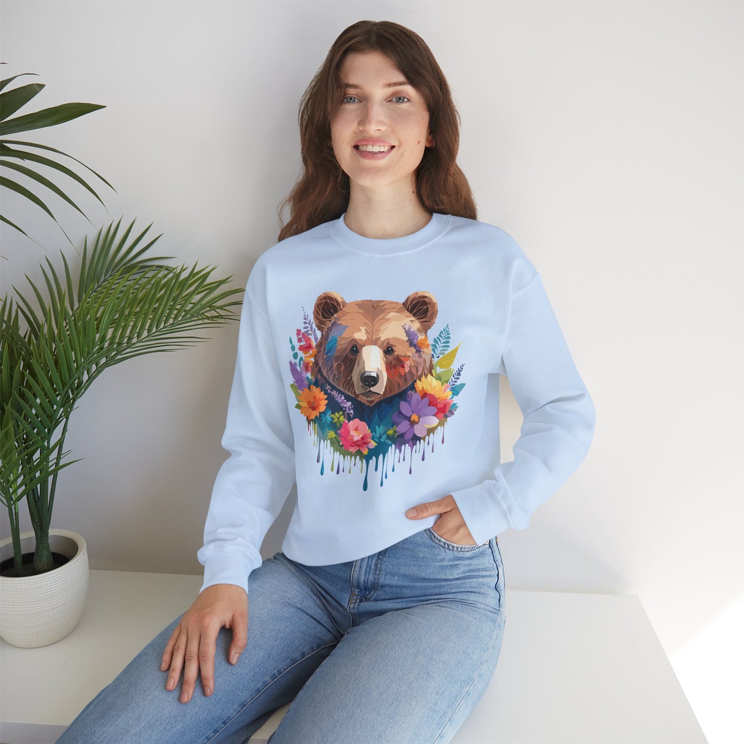 Unisex Floral Bear Sweatshirt, Animals Sweatshirt, Floral Sweatshirt, Art Design Sweatshirt