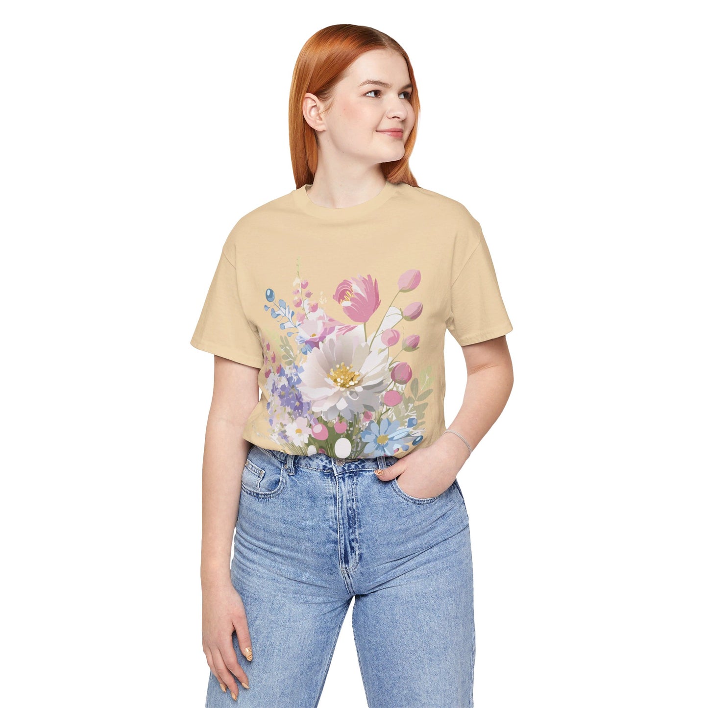 Natural Cotton Tee Shirt with Flowers