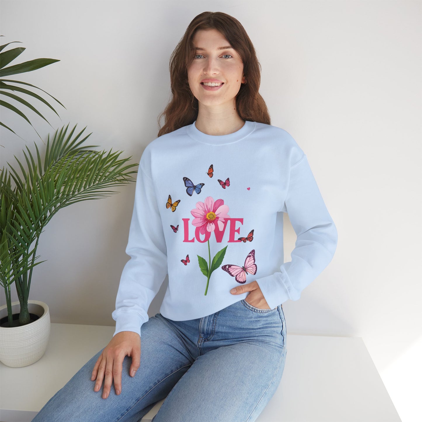 Unisex Floral Love Sweatshirt Valentines Day Cotton Poly Blend Butterfly