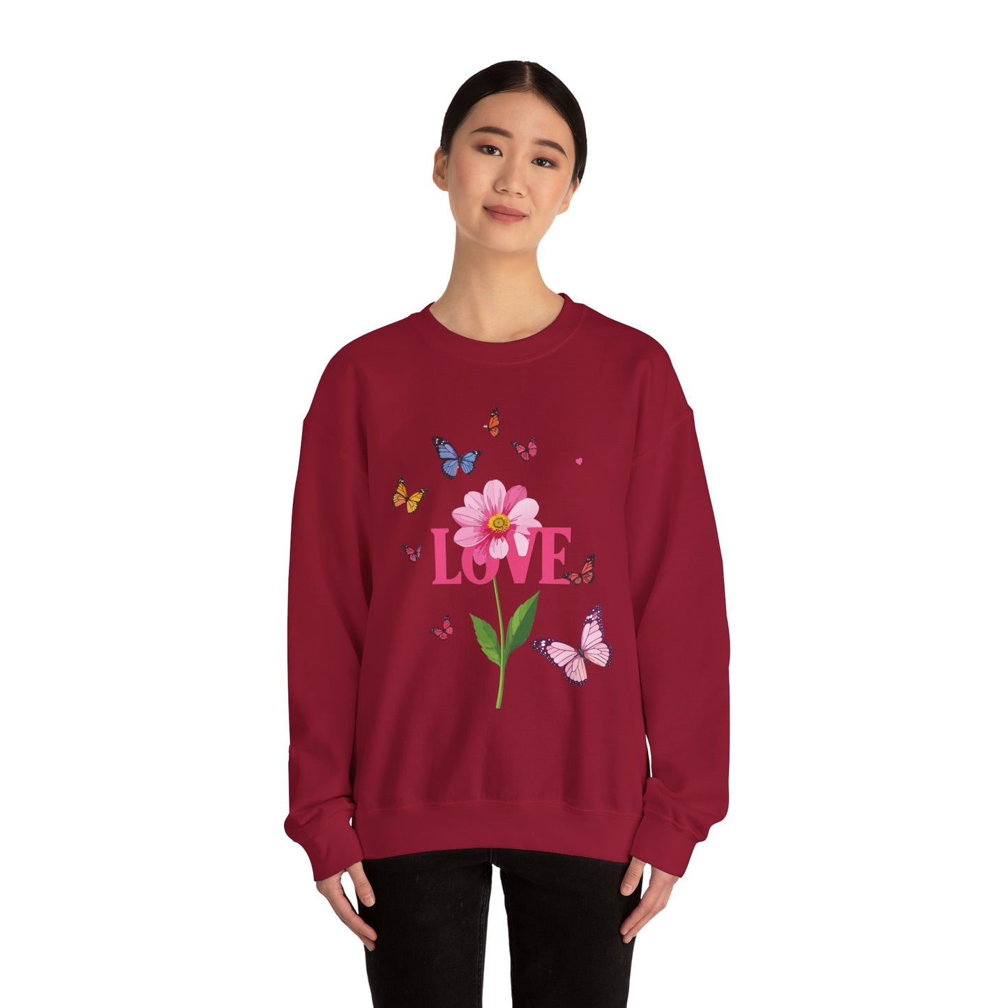 Unisex Floral Love Sweatshirt Valentines Day Cotton Poly Blend Butterfly