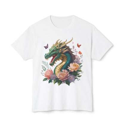 Dragon Art Design Unisex Cotton Tee With Floral Print Artwork And Dragon Graphic