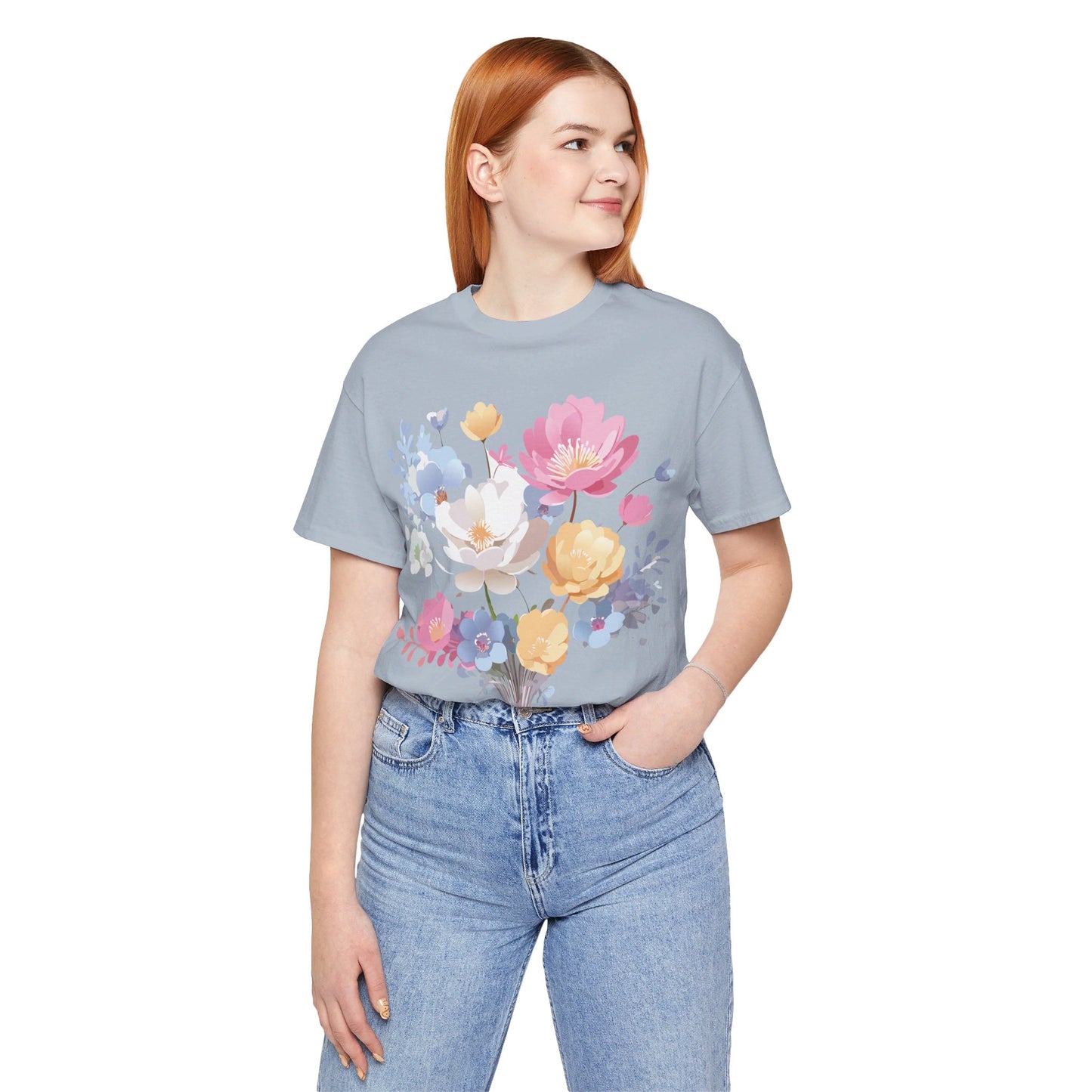 Natural Cotton Tee Shirt with Flowers