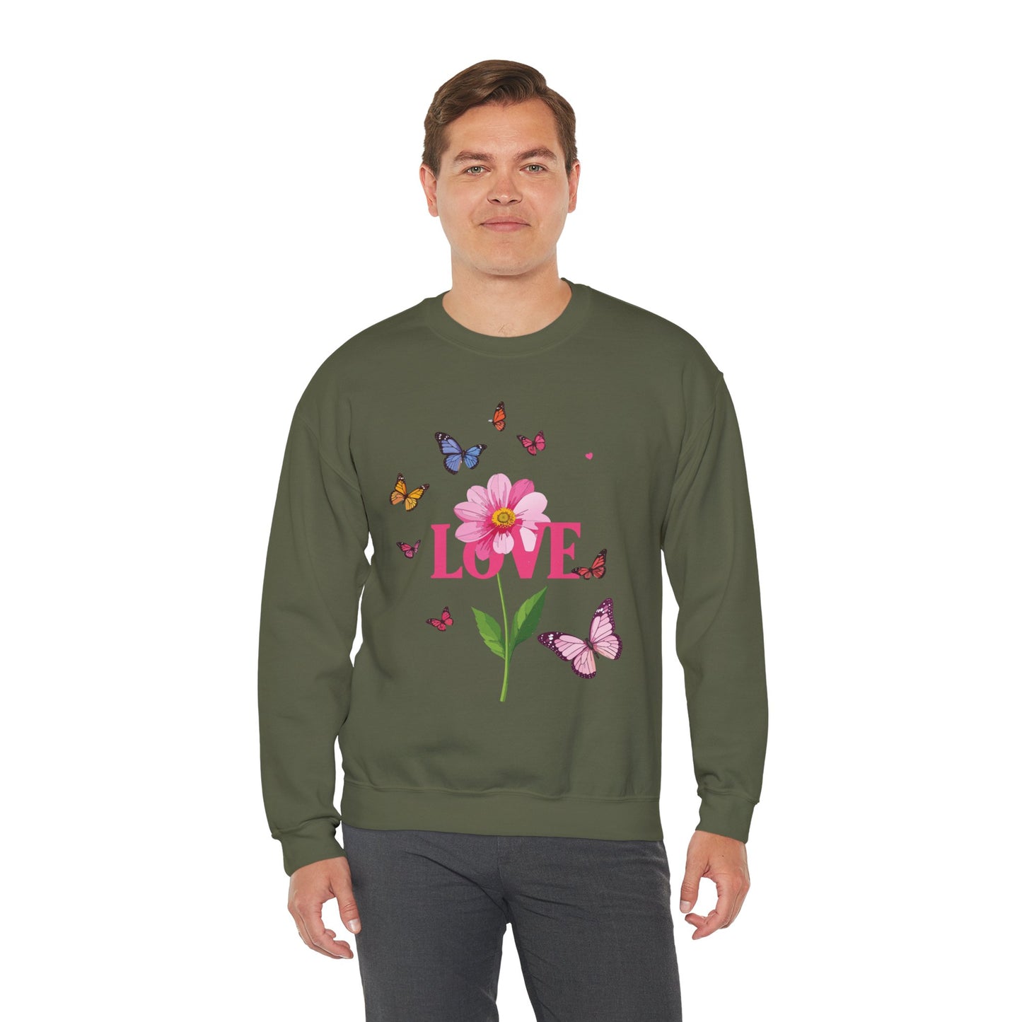 Unisex Floral Love Sweatshirt Valentines Day Cotton Poly Blend Butterfly