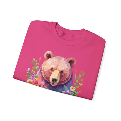 Unisex Floral Bear Sweatshirt Art Design Animals Sweatshirt Cozy Cotton Blend