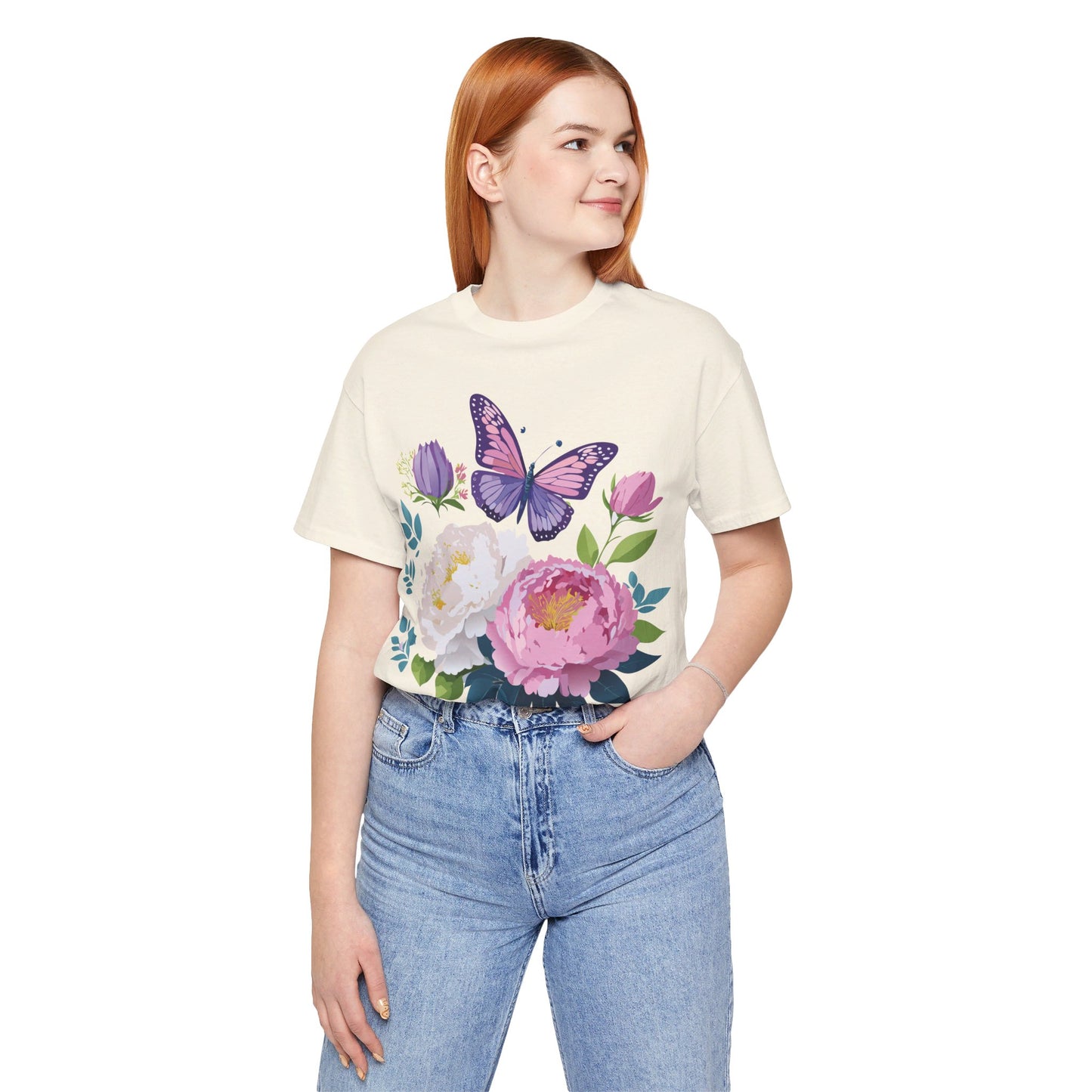 Natural Cotton Tee Shirt with Flowers