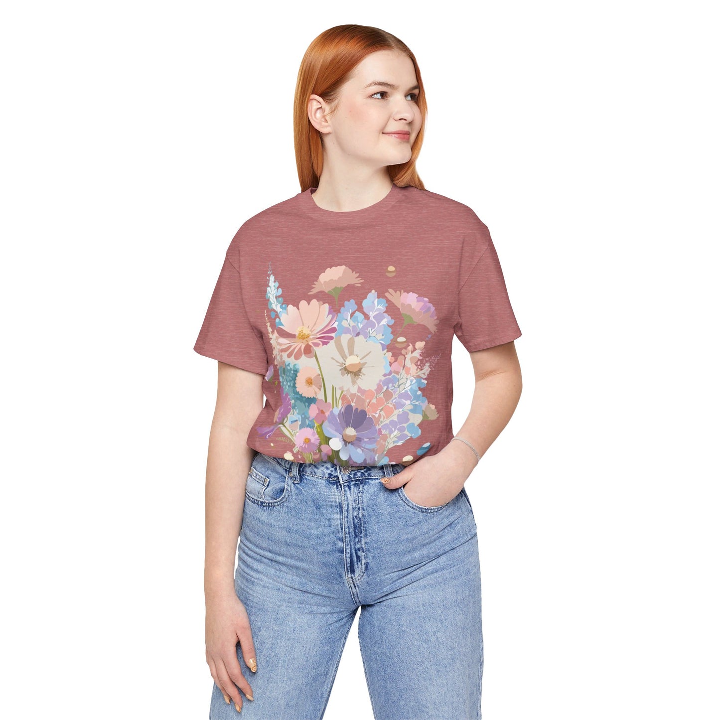 Natural Cotton Tee Shirt with Flowers