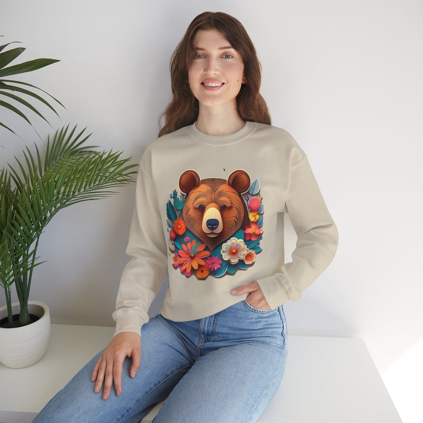 Unisex Floral Bear Sweatshirt, Animals Sweatshirt, Floral Sweatshirt, Art Design Sweatshirt