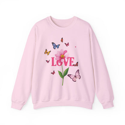 Unisex Floral Love Sweatshirt Valentines Day Cotton Poly Blend Butterfly