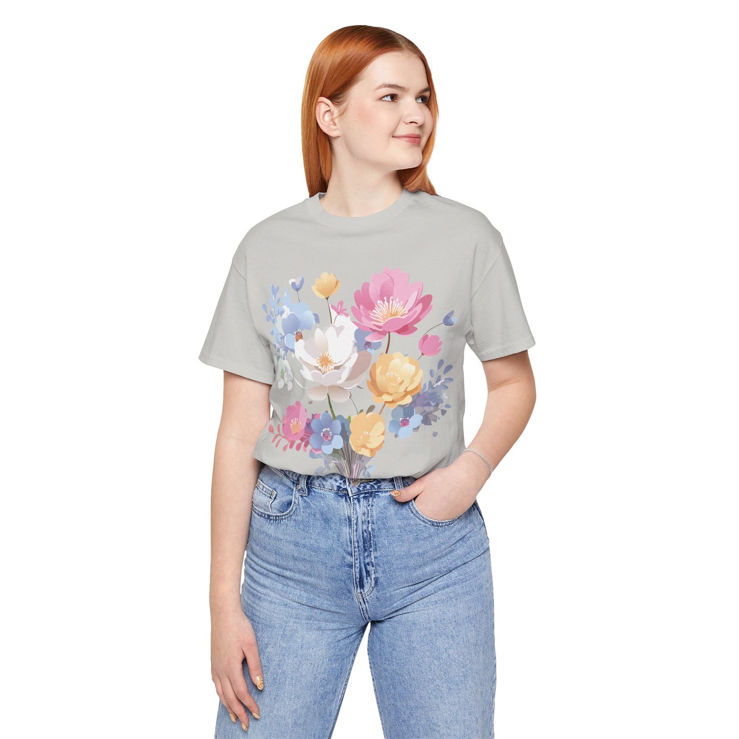 Natural Cotton Tee Shirt with Flowers