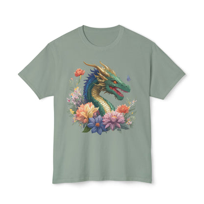 Dragon Art Tee Shirt Unisex Floral Print Cotton Tee USA Made