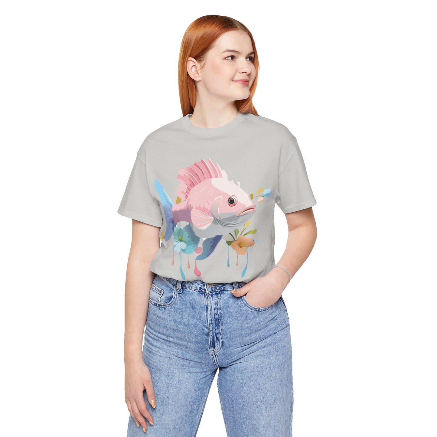 Natural Cotton Tee Shirt with Fish