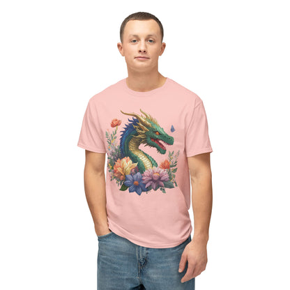 Dragon Art Tee Shirt Unisex Floral Print Cotton Tee USA Made