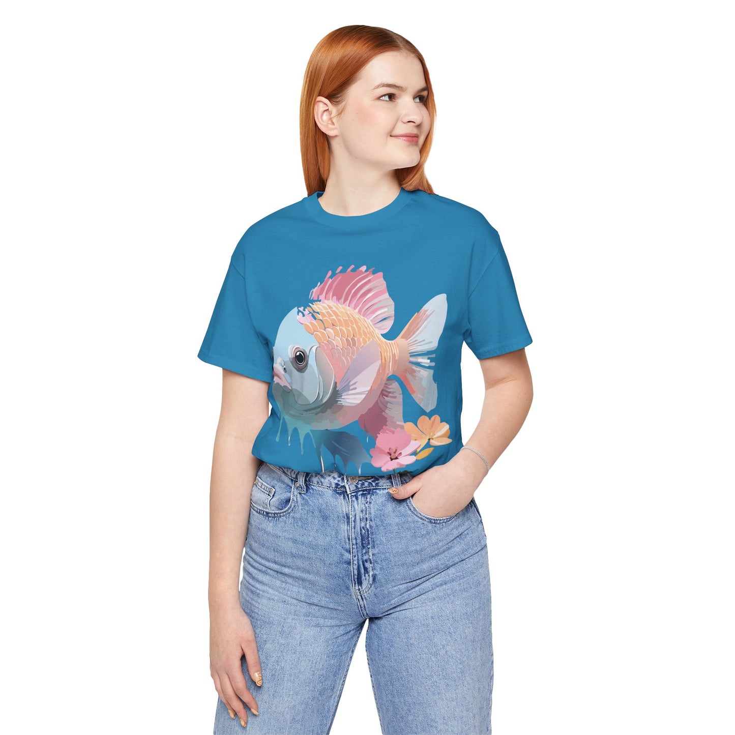 Natural Cotton Tee Shirt with Fish