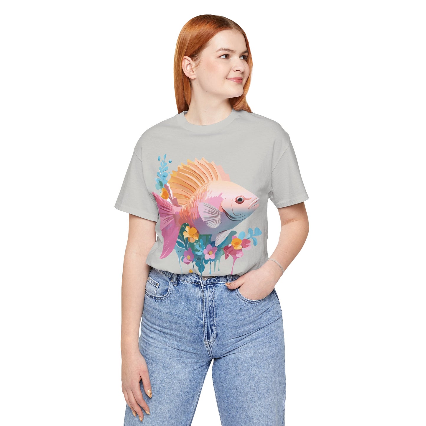 Natural Cotton Tee Shirt with Fish