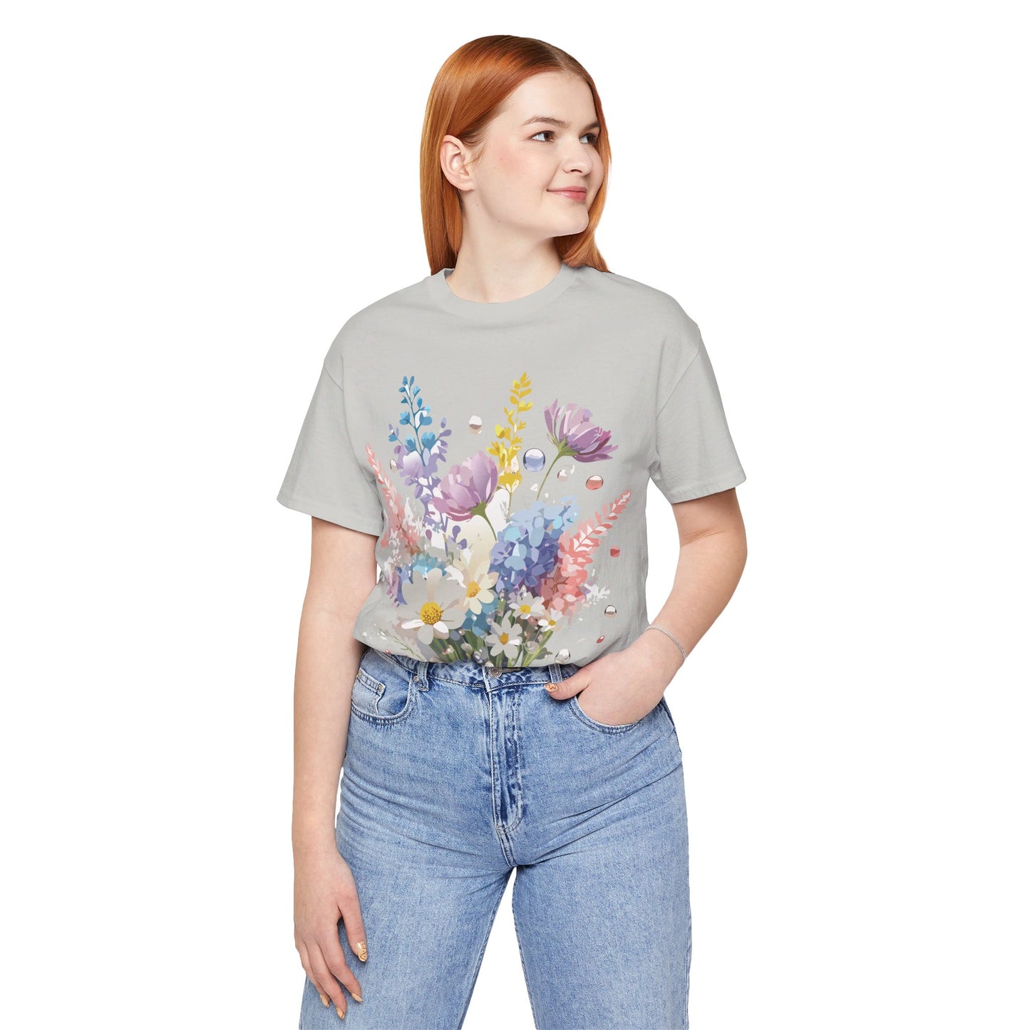 Natural Cotton Tee Shirt with Flowers