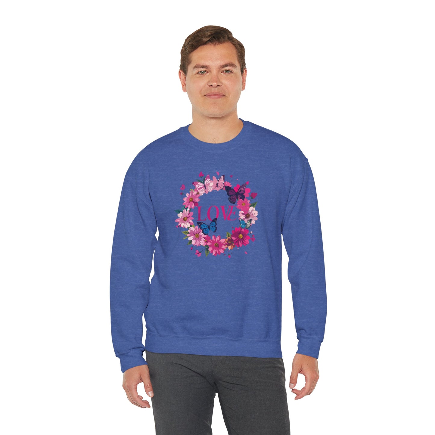 Unisex Floral Love Sweatshirt Butterfly Print 50 50 Cotton Poly Valentines Day
