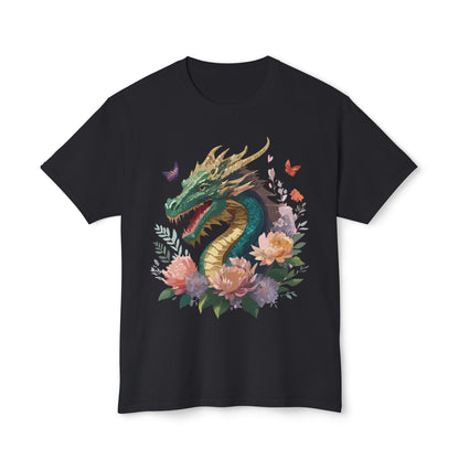 Dragon Art Design Unisex Cotton Tee With Floral Print Artwork And Dragon Graphic