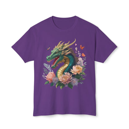 Dragon Art Design Unisex Cotton Tee With Floral Print Artwork And Dragon Graphic