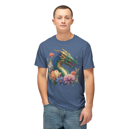 Dragon Art Tee Shirt Unisex Floral Print Cotton Tee USA Made