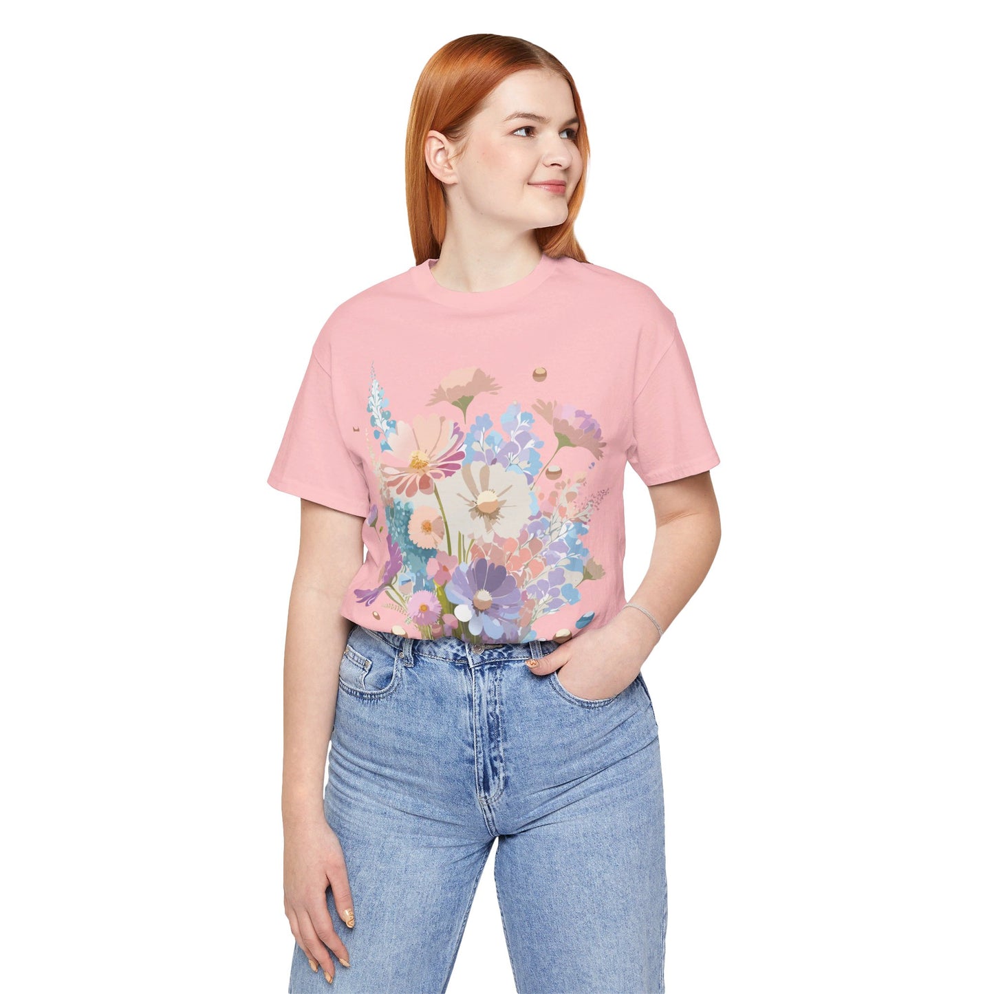 Natural Cotton Tee Shirt with Flowers